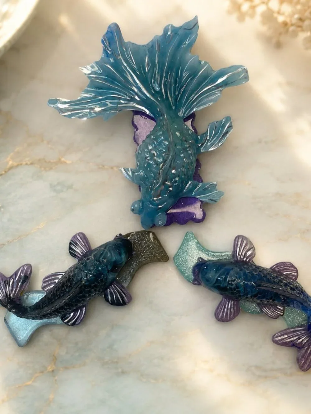 Handmade Resin Betta Koi Fish Hair Clips Trio, Sea Green Blue Purple Accents